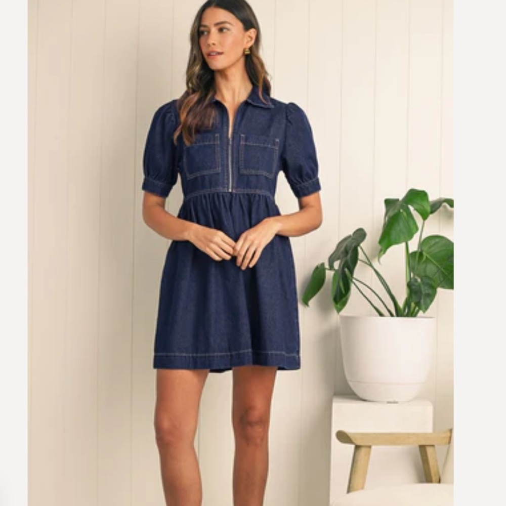 Classic Short-Sleeve Denim Mini Dress - Navy - Picture 1 of 7